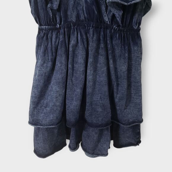 White Birch Acid Wash Denim Ruffle Tiered Flutter Mini Dress XL Layered Grunge - Picture 3 of 12